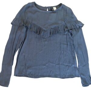H&M Divided Ruffle Blouse Size 8 Blue Gray Long Sleeve Keyhole Back Crepe Top